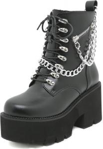 Женские ботильоны на массивном каблуке с платформой, готические боевые ботинки на высоком каблуке, короткие ботинки с заклепками, пряжкой и шнуровкой, панк-бутсы ZPRGZPG, Black-8