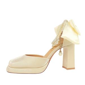 QITUMAUL Женские туфли на платформе с массивным каблуком шампань, цвет Champagne[Heel Height 9cm]