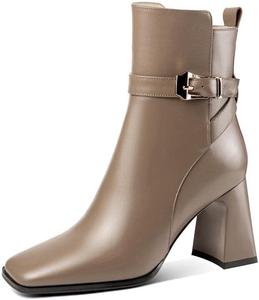 Женские короткие ботинки TinaCus ручной работы из натуральной кожи с ремешком на щиколотке, боковой молнией, квадратным носком и высоким массивным каблуком, Apricot