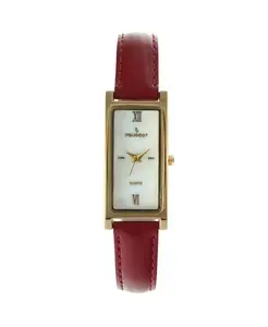 Женские прямоугольные часы с золотистым корпусом и глянцевым красным кожаным ремешком Peugeot