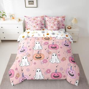 Erosebridal Комплект постельного белья Happy Halloween с принтом белых призраков, тыкв и цветов в розово-фиолетовой гамме, Pink Purple