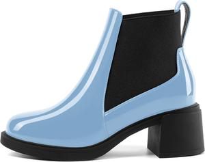 Женские офисные ботильоны AMBELIGHT Chelsea с эластичной посадкой, круглым носком, однотонные, массивный средний каблук 2,5 дюйма, Light Blue Black