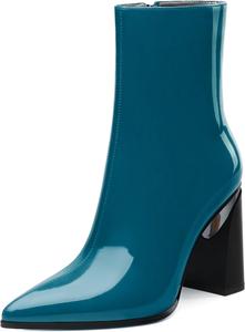Женские ботильоны, 3,5 дюйма с заостренным носком, лакированные ботильоны на высоком каблуке, короткие ботинки с массивным каблуком и боковой молнией Heisnemca, Teal Patent