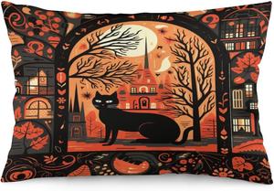 MaSiledy Декоративная наволочка с хэллоуинским сюжетом: кот на окне, черный кот, осенняя тематика, с невидимой молнией Pattern-6