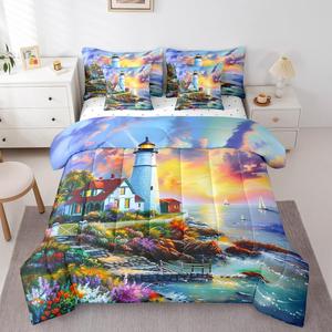 Erosebridal Комплект постельного белья King Summer Ocean с 3D принтом морского пейзажа и романтичными цветами в прибрежном стиле, Purple Red Blue