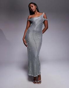 Платье макси ASOS DESIGN с открытыми плечами, текстурированное, с декоративными швами, серебристого цвета