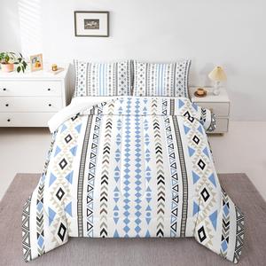 Erosebridal Комплект постельного белья Bohemian Decor Full в этническом стиле с геометрическим узором в сине-белых тонах, White Blue