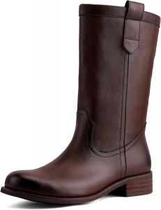 Сапоги до середины икры для женщин, на подъем, осенние ездовые сапоги, с круглым носком, удобные, с низким массивным каблуком, повседневные платьевые сапоги JilTrdWei, Brown