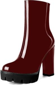 Женские повседневные уличные босоножки MOVINSTEPS с круглым носком, блестящей платформой, молнией, однотонные лакированные ботильоны на высоком каблуке 4,7 дюйма, Burgundy