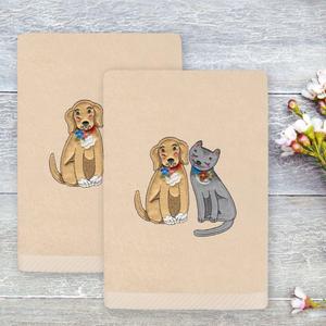 Linum Текстиль для дома Весенний набор из 2 полотенец для рук из турецкого хлопка с вышивкой собак и кошек, белый