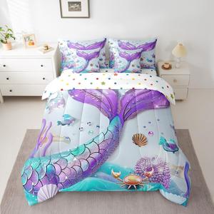 Erosebridal Комплект постельного белья Mermaid Tail для девочек с морскими животными, Purple Blue