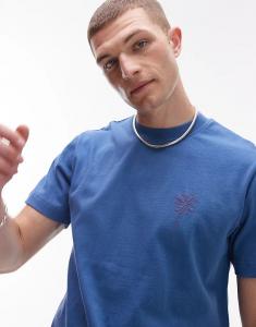 Укороченная футболка Topman с вышитыми цветами синего цвета