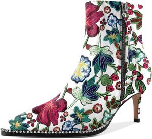 Женские ботинки с низким каблуком, заостренный носок, короткие ботильоны с бисером, молнией и каблуком-ита 2,5 дюйма Younton, Matte Floral Embroidered