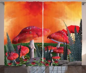 Штора ABAKUHAUS Грибная в деревенском стиле, облака и маки, универсальная ленточная штора для гостиной с петлями и крючками, 280 x 225 см, цвет: оранжево-красный, серо-коричневый Abakuhaus