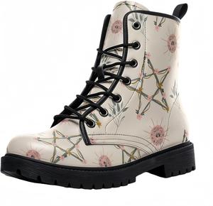 Женские короткие ботинки с принтом, шнуровкой и массивным каблуком, боевые ботильоны для девушек и женщин, обувь на осень и зиму, с узором из роз и черепов в мультяшном стиле Maimeili, Big Pentagram