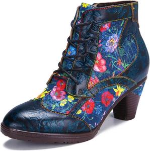 Ретро женские кожаные ботильоны Superladystar, средний каблук, яркая роспись, металлический стиль - модные, удобные, прочные, уникальный стиль меньшинств Metcandy, Blue