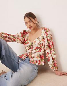 Блузка Hope & Ivy с квадратным вырезом и открытой спиной, с баской, в цветочек, белого и красного цвета