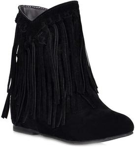 Женские зимние замшевые ботильоны VOKLIN с бахромой, модные, с круглым носком, низким клиновидным каблуком и декоративными кисточками, Black