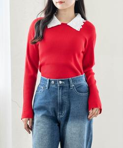 Вязаный топ с кружевным воротником <Новинка>