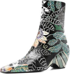 Женские модные ботильоны с острым носком, боковой молнией, низким квадратным каблуком, стильные для вечеринок, мероприятий и на каждый день, размеры 4-16 US Wansseny, Plant Print