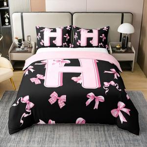 Erosebridal Хлопковый комплект постельного белья с розовым бантом и буквой H в стиле препи, Pink Black H
