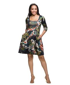 Женское платье с рукавами три четверти, приталенного силуэта и расклешенной юбки 24seven Comfort Apparel, Green Multi