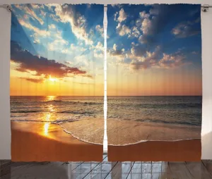 Штора ABAKUHAUS "Деревенский пейзаж", "Медовый месяц на берегу моря", присборенная штора из тесьмы для спальни с петлями и крючками, 280 x 225 см, цвет: синий, желтый, коричневый Abakuhaus