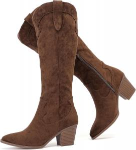 Женские свободные сапоги до колена с массивным каблуком, заостренным носком, удобные и модные осенне-зимние сапоги для женщин. Ruiee, Brown Mf 971