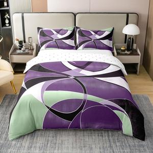 Erosebridal Хлопковый комплект постельного белья с геометрическим принтом в фиолетовых, зеленых, черных и белых тонах, Purple Green Black White