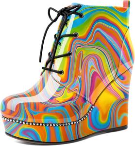 Женские ботильоны Eldof Wedge с круглым носком, шнуровкой и бисером, высокие на каблуке 4 дюйма, из лакированной кожи, Multicolor Heat