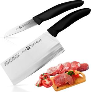 Набор ножей Zwilling Style из 2 предметов: тесак 180 мм + овощной нож 8 см, китайский поварской нож, широкое лезвие, рукоятка из нержавеющей стали/пластика, черный