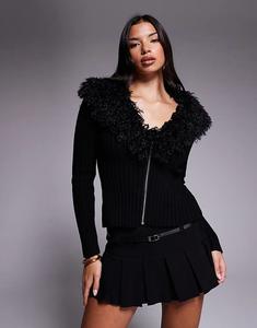Кардиган Tiger Mist Brisa из чистого хлопка с отделкой из искусственного меха в рубчик, черный цвет