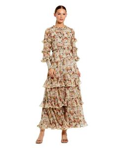 Женское миди-платье с цветочным принтом, многоярусными оборками и длинными рукавами Mac Duggal, Yellow multi