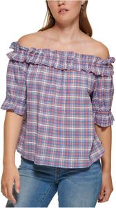 Женский клетчатый топ с открытыми плечами от Tommy Hilfiger, Blue