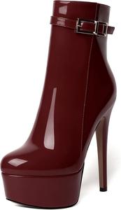 Женские ботильоны WAYDERNS для свиданий с молнией, с круглым носком, модные, лакированные, на платформе, шпилька, высокий каблук 15 см, Burgundy