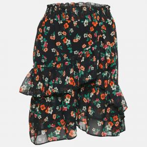 Мини-юбка Maje с цветочным принтом и оборками, черная