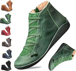 Женские винтажные повседневные короткие ботильоны, поддержка свода стопы, без каблука, на шнуровке с боковой молнией, обувь без застежки с круглым носком, противоскользящие прогулочные ботинки для осени и зимы Generic, Green 12