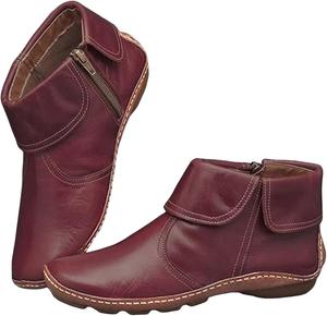 Женские ботильоны на низком каблуке с поддержкой свода стопы, винтажные повседневные короткие ботильоны, модные без каблука, ретро кожаные ботильоны на молнии сбоку, осенне-зимние плоские ботинки, удобная обувь для ходьбы JYSwoshoe, Red