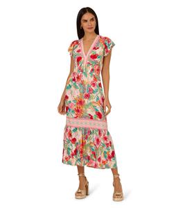 Платье Adrianna Papell Printed Midi Dress, Pink-Green Multi