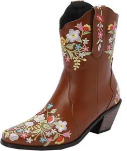 Уникальные женские ковбойские ботильоны в западном стиле с цветочной вышивкой, низкий грубый каблук, круглый носок, без застежки, винтажные милые зимние туфли Uniquelly, Light Brown