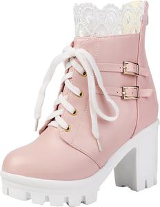Женские готические кружевные ботильоны с двойными пряжками, боевые ботинки на платформе с каблуком-блоком для косплея и повседневной носки XIEPP, Pink