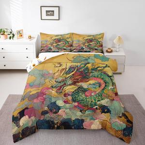 Erosebridal Комплект постельного белья Dragon в винтажном азиатском стиле с мифическими животными и абстрактными облаками, Yellow Green