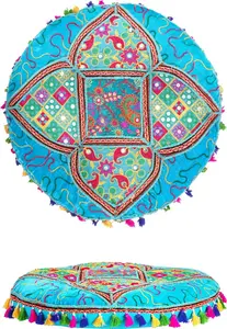Круглое напольное сиденье из хлопка ø 55 см с наполнителем, вышивка, модель Bahri Blau Rund