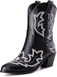 Женские ковбойские сапоги Alsoloveu, западные ботильоны с вышивкой, ковбойские сапоги средней высоты, с острым носком, на среднем каблуке, Black