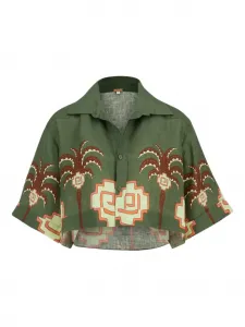 Льняная рубашка с принтом "пальмы" Johanna Ortiz, зеленый