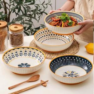 Ceramics Японская керамическая глубокая тарелка для супа в стиле минимализм, 9-дюймовая полосатая сервировочная тарелка Blooming in Prosperity, 1 шт