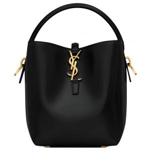 Сверкающая кожаная сумка-ведро через плечо на пояс маленького размера женская черная SAINT LAURENT