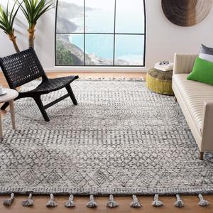 Ковер SAFAVIEH, 244 x 305 см, - Casablanca Shag Collection - большой - Ivory & Navy, ручной работы из шерсти, марокканский дизайн с кистями, плюшевый высокий ворс, идеально для гостиной, спальни, столовой (CSB262A)