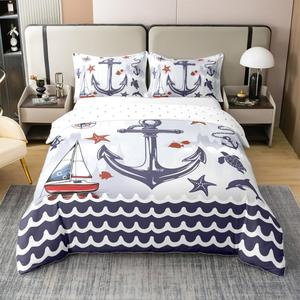 Erosebridal Комплект постельного белья Vintage Anchor из 100% хлопка с морским принтом, Blue Red