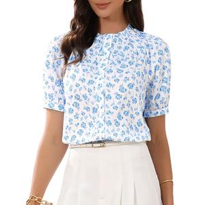 Летняя блузка с цветочным принтом, рюшами на воротнике и короткими рукавами Inspire Chic